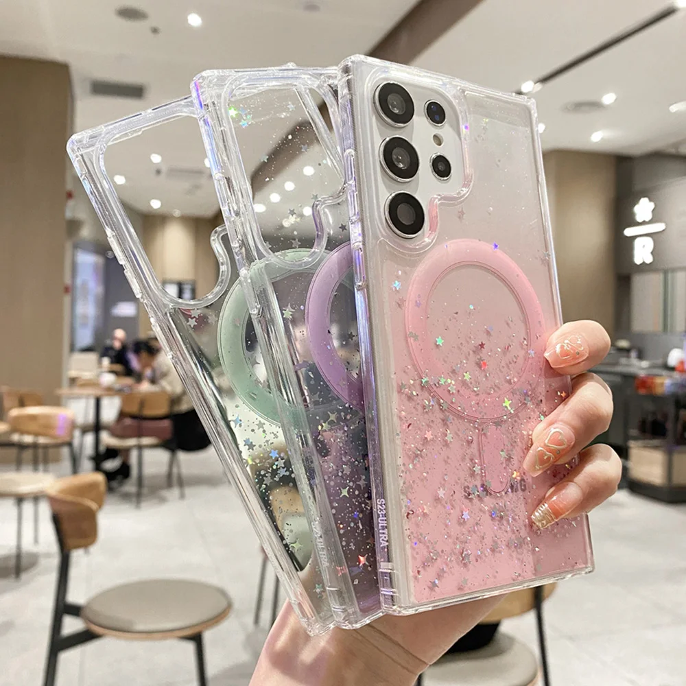 Gradienta mirdzums Magsafe bezvadu uzlādes maciņam Samsung S23 S22 Ultra vāciņam Bling Funda Galaxy S22 Plus S 23 Ultra_voghion.com