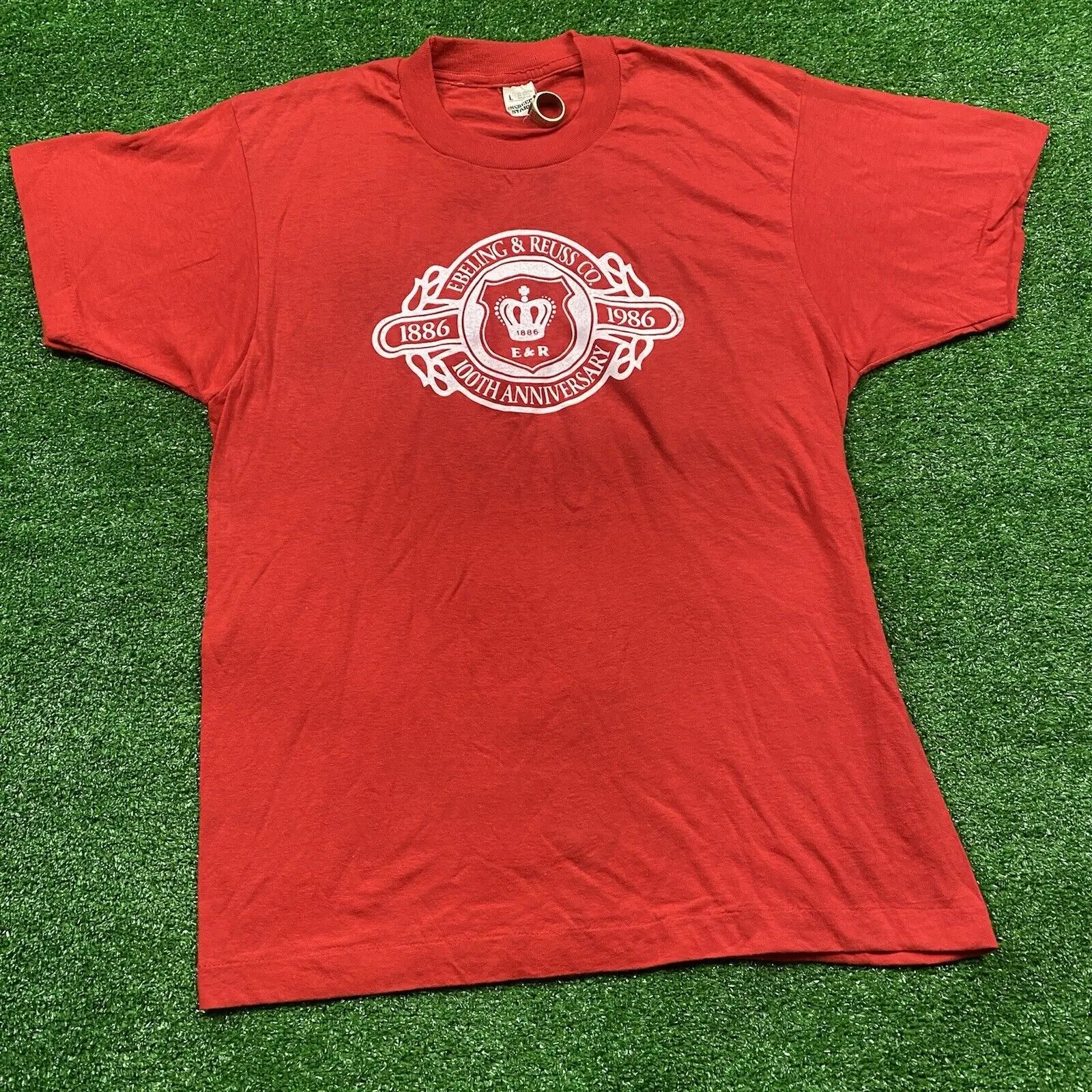 T-Shirt Vintage 1986 Ebeling And Ruess Co. 100Th Anniversary Taglia Rossa Large Usa