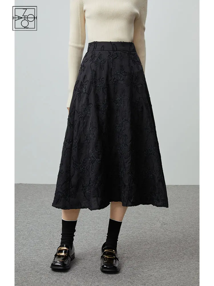 

ZIQIAO Black Three-dimensional Jacquard A-line Skirt Women Autumn Winter 2022 New High Waist Slim Umbrella Skirt Female