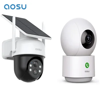 Renewed AOSU 3MP 100% Wire-Free Solar Camera and 3MP Baby Monitor 5G/2.4GHz Indoor Security Camera CCTV Camera Work with Alex 1