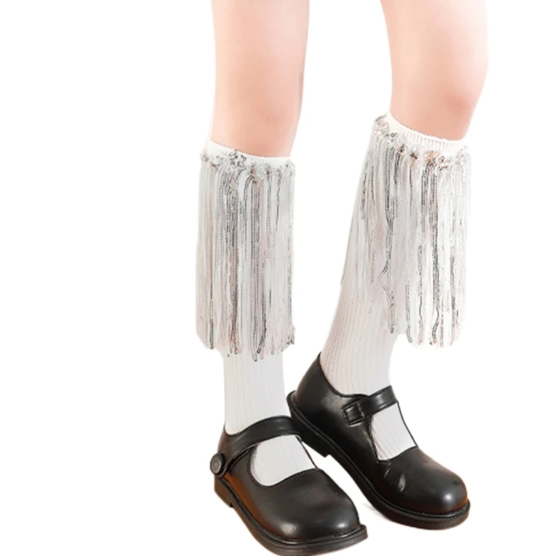 HUYU Sequined Fringed Knee High Socks Midcalf Socks for Kids Spring Stretchy for Little Girl School Dancing Dress