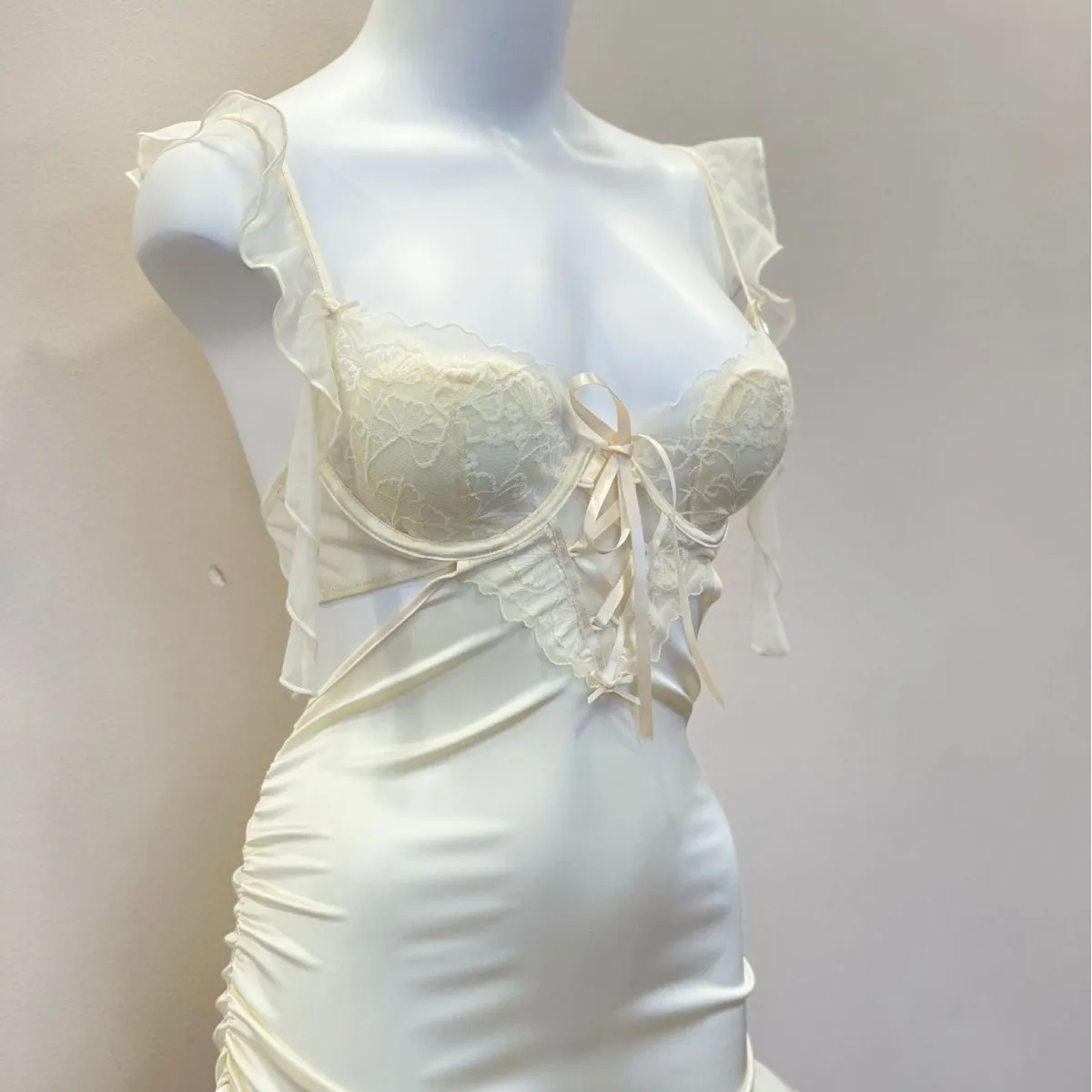New Wedding Nightwear Women's Sleepwear Home Clothes Fashion Lace Silk Suspender Nightgowns Sexy Slim Split Fungus Sleepshirts - 3