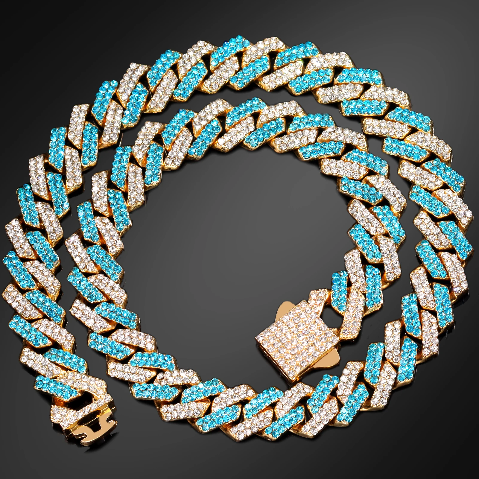 HipHop 14mm blau Raute kubanische Glieder kette Halskette für Männer Frauen bling Feder verschluss kubanische Kette Halskette Armband Set Schmuck – Detail 5