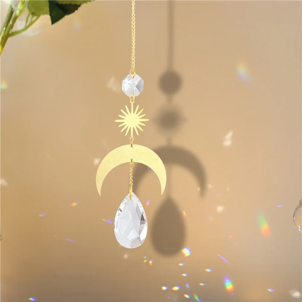Crystal Wind Chime Pendant Diamond Sun Moon Shape Hanging Sunlight Catcher Home Window Curtain Festival Decoration