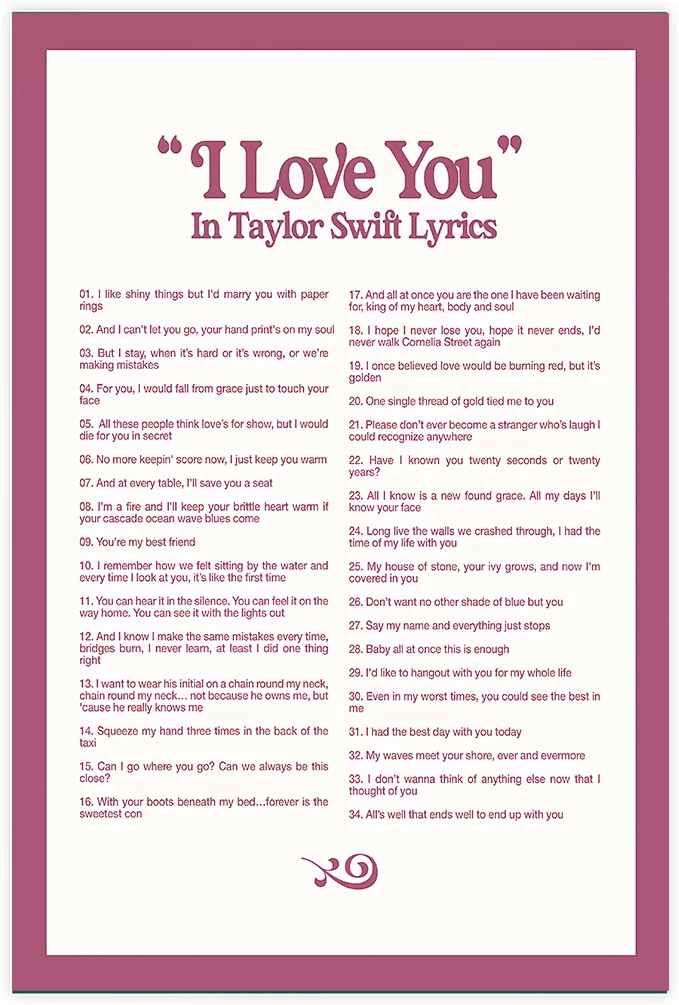 thumbnail image 1 of Póster con la letra "Te amo en el estilo de Taylor Swift", citas musicales de cantantes retro, pintura en lienzo, arte de pared, imágenes, decoración de la habitación del hogar, regalo, 1 of 5