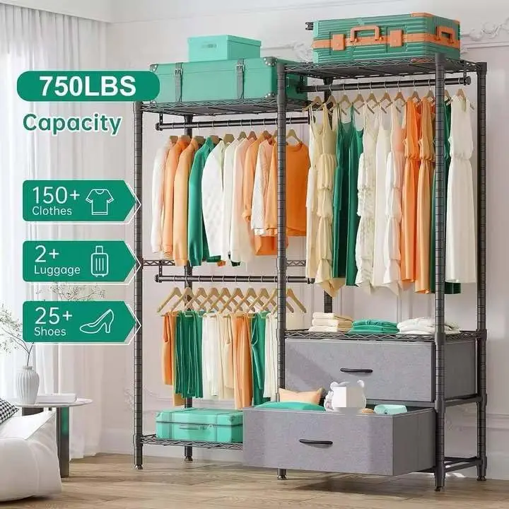 Adjustable Clothing Racks for Hanging Clothes, Portable Closet with 2 Drawers 3 Hanging Rods Load 650lbs, Black