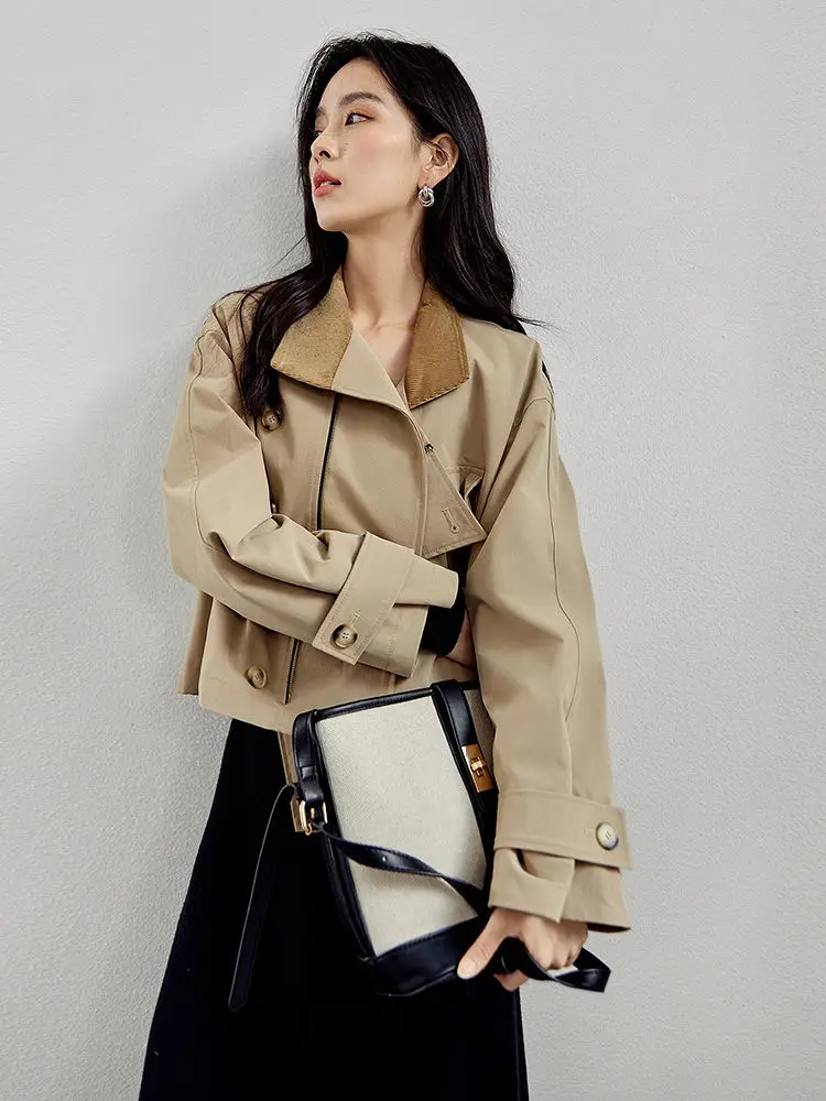 Korea Splices Turn Down Collar Jacket Woman Clothing Loose Long Sleeve Women'S Spring Jacket Outwear Casual Coats For Women