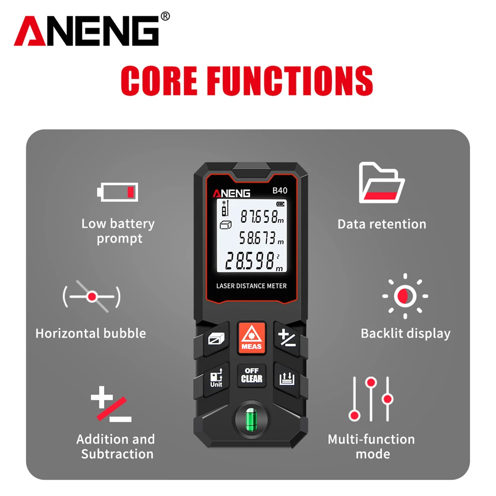 Laser Rangefinder Distance Meter Laser Tape Measure Digital Tape Measure Laser Distance Meter 40M Measuring Room ANENG B40 Rangefinder Tape Range Finder Measure Device Digital Ruler Test Tool