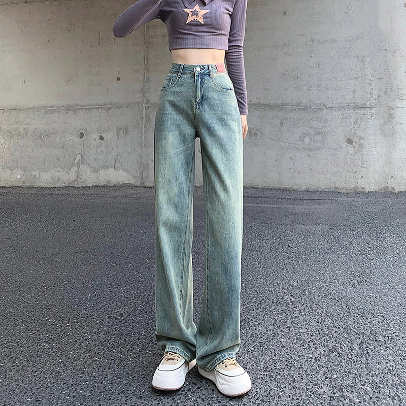 

Retro Nostalgic Blue High Waist Wide Leg Jeans Women's New Loose Slim Straight Tube Mop Pants Women