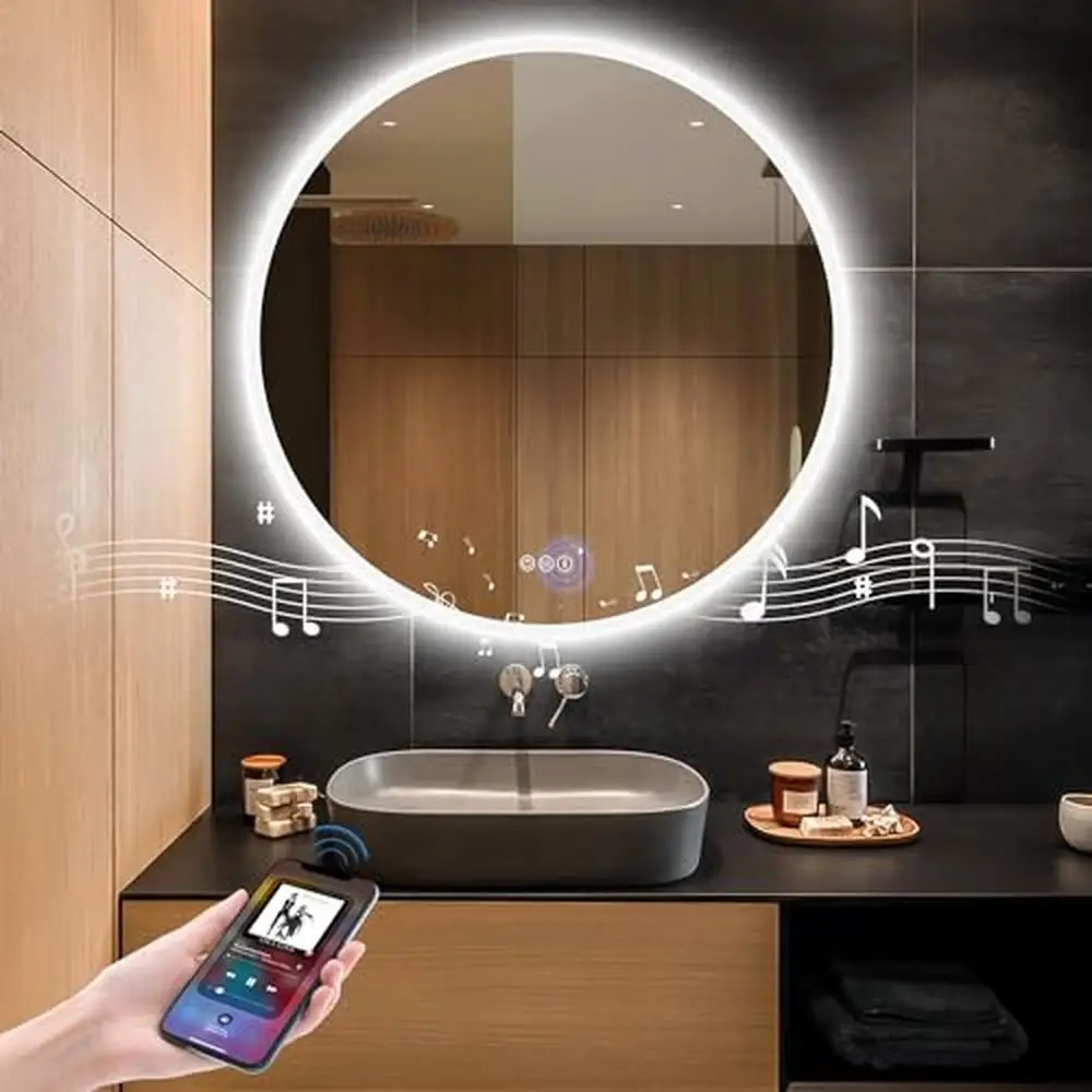 32'' Round LED Bathroom Vanity Mirror Backlit with Front Light Touch Control Bluetooth Speaker Anti-Fog Wall Mounted Makeup