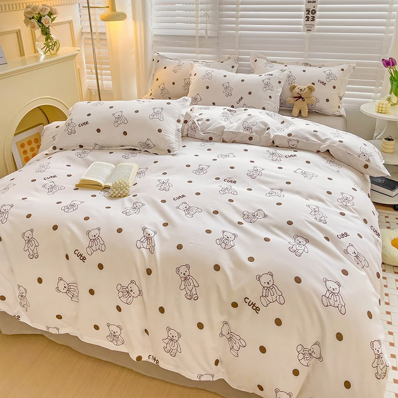 

Home Textile Cute Bear Bedding Set Wave Point White Duvet Cover Flat Sheet Pillowcases Single Double Queen King Size Bed Linens