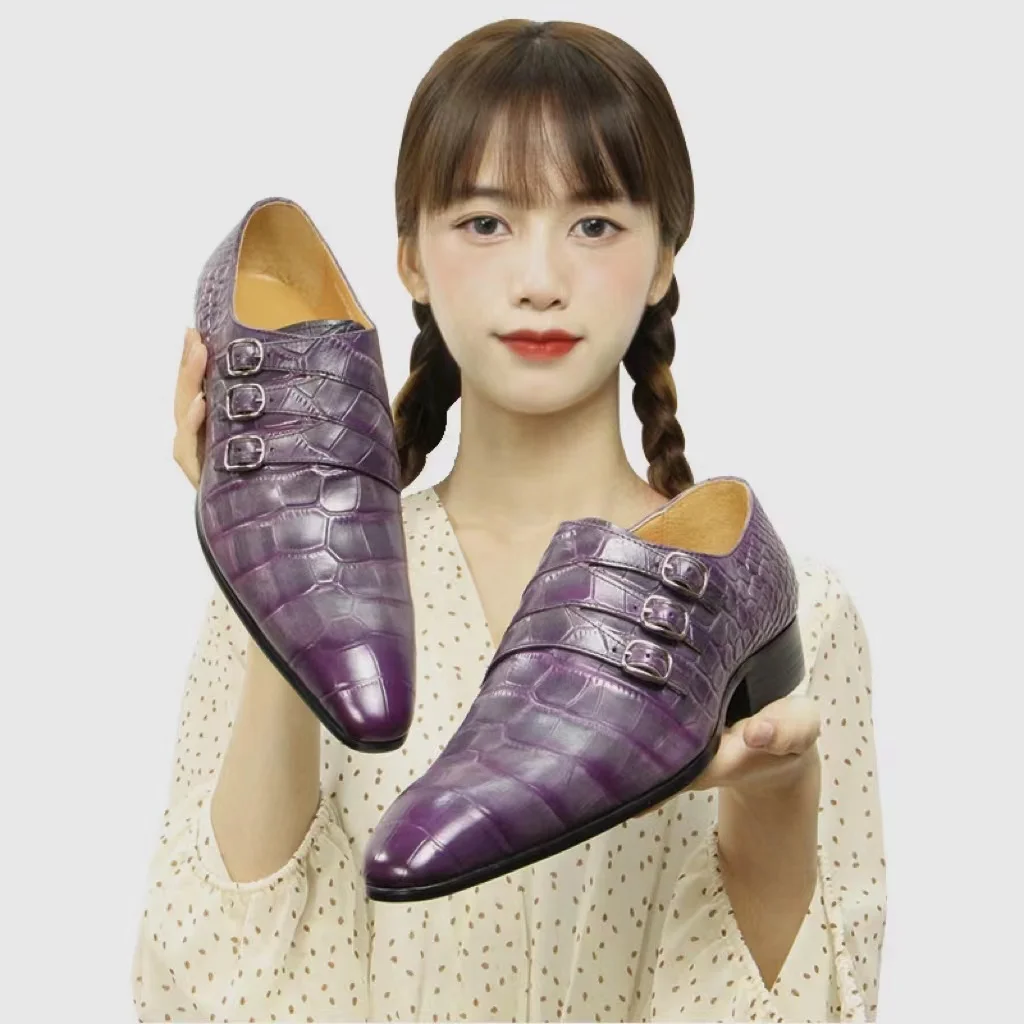 Purple Black Mens Dress Shoes Mens Crocodile Black Loafers Cowhide