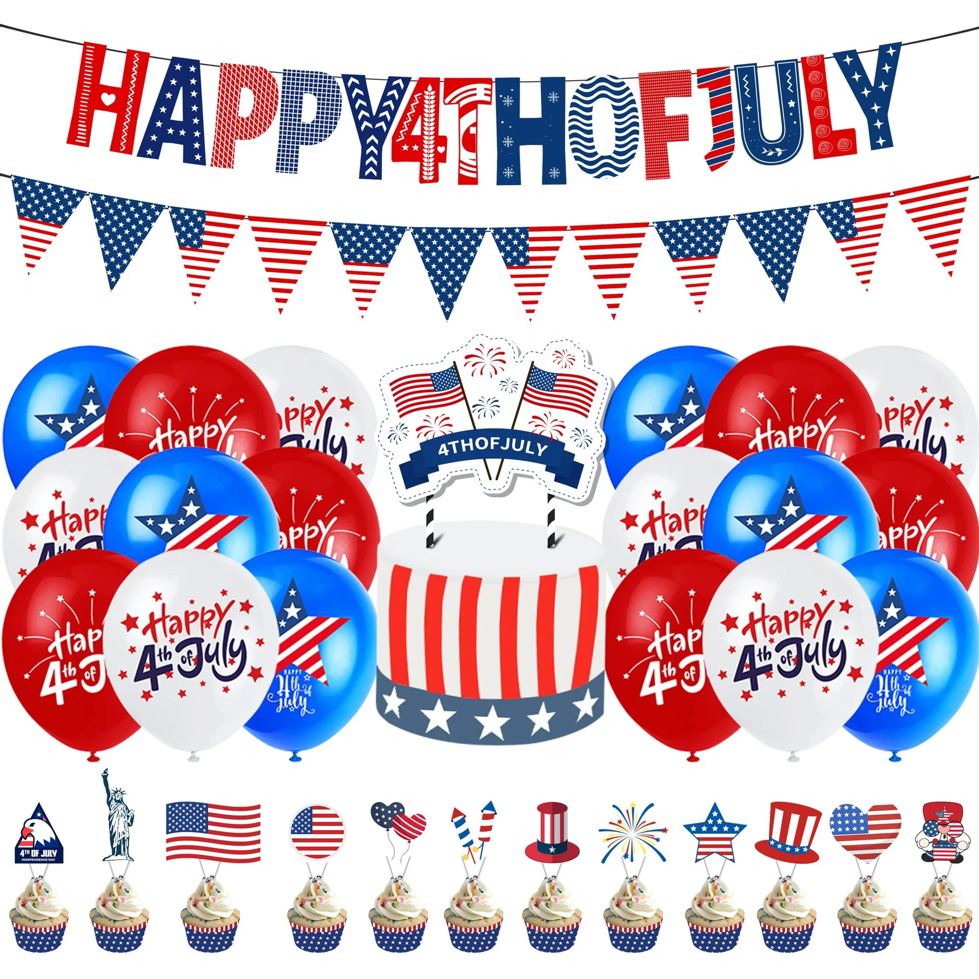 

American Independence Day Party American Red Blue White Star Flag National Day Set Pull Flag Cake Flag Balloon National Day