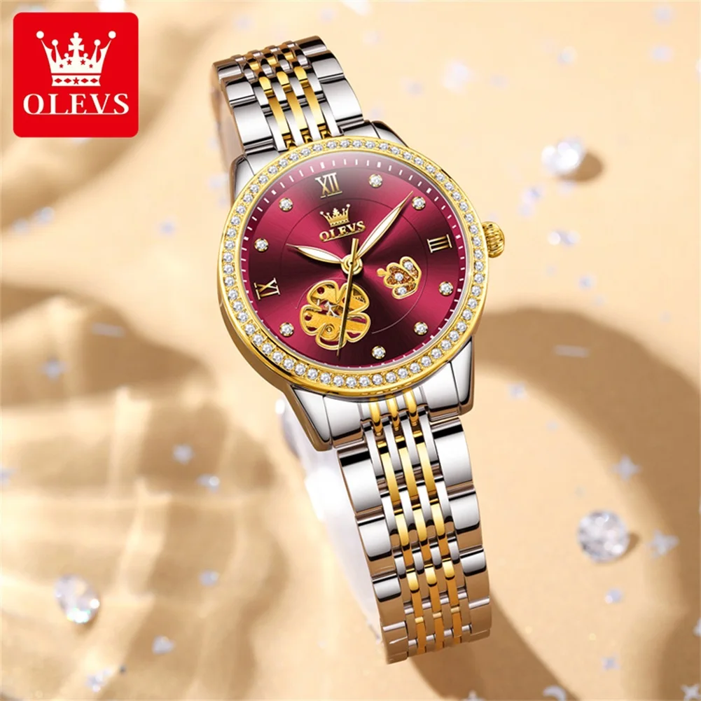 OLEVS Brand Fashion Red Diamond Mechanical Watch for Women Stainless Steel Waterproof Luminous Skeleton Watches Montre Femme