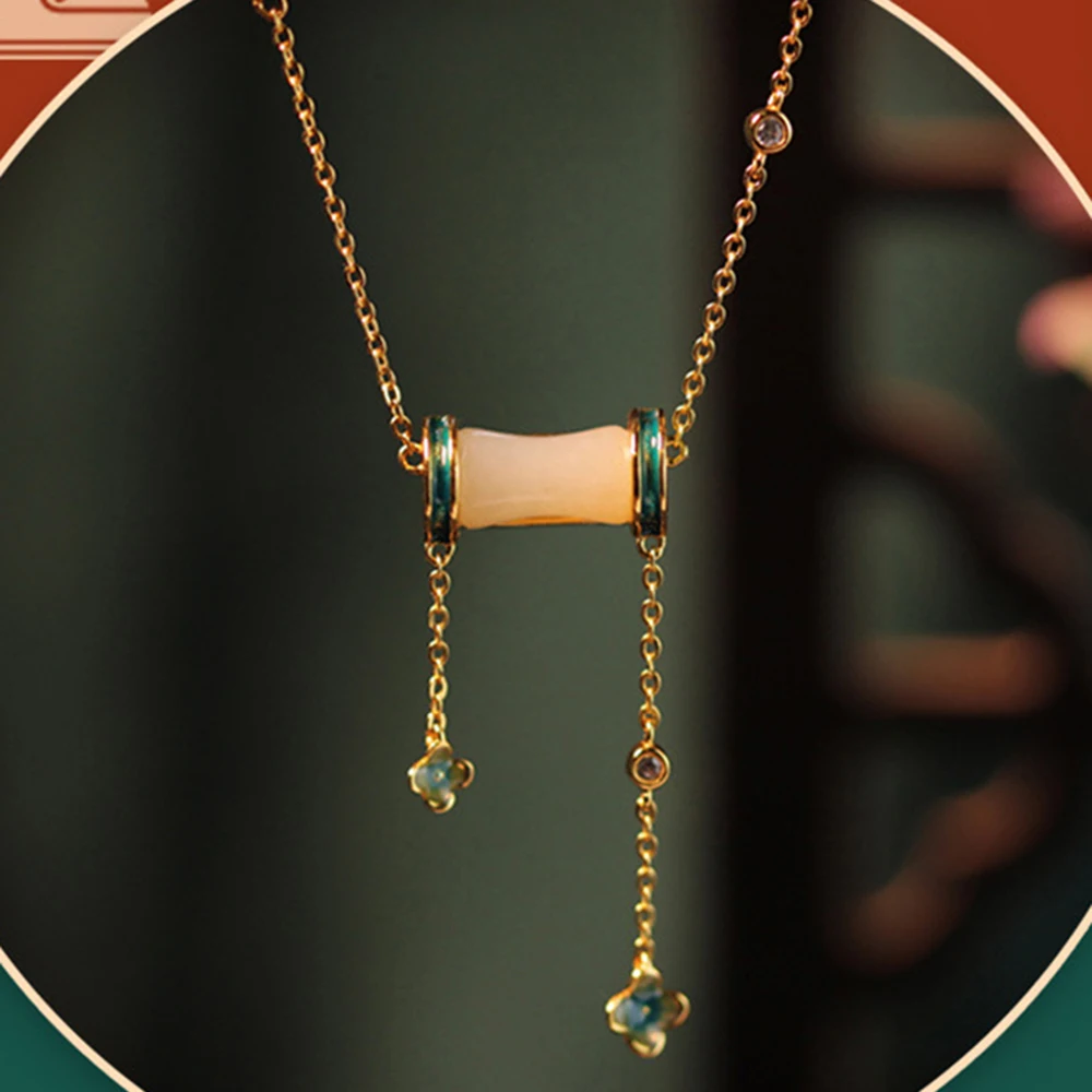

2024 New Colorful Chinese Style S925 Silver Plated 18K Gold Necklace Women Pure Silver Inlaid Jade and Bamboo Festival Pendant