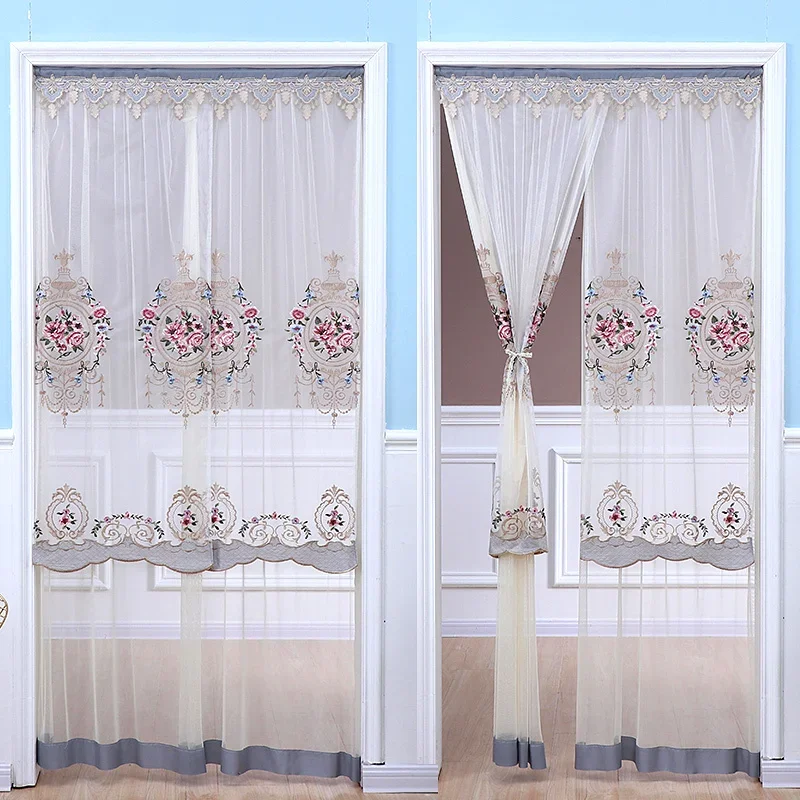 thumbnail image 1 of Cortinas de puerta bordadas con encaje de malla, sin perforaciones, de doble capa, transparentes, con borde ondulado, decorativas, de media cortina, 1 of 5