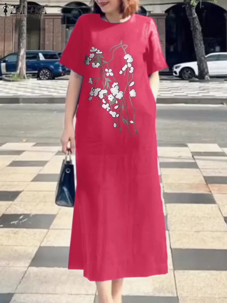

ZANZEA Floral Embroidery Solid Color Midi Dress Women Casual Short Sleeve Everyday Robe Femme Fashion 2024 Summer Loose Vestidos