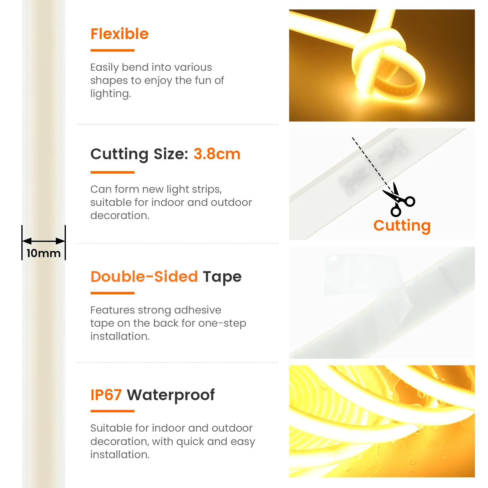 12V 24V COB LED 스트립 320LED 유연한 네온 테이프 라이트 IP67 방수 LED 리본 로프 밀도 라인 조명 접착 테이프 포함