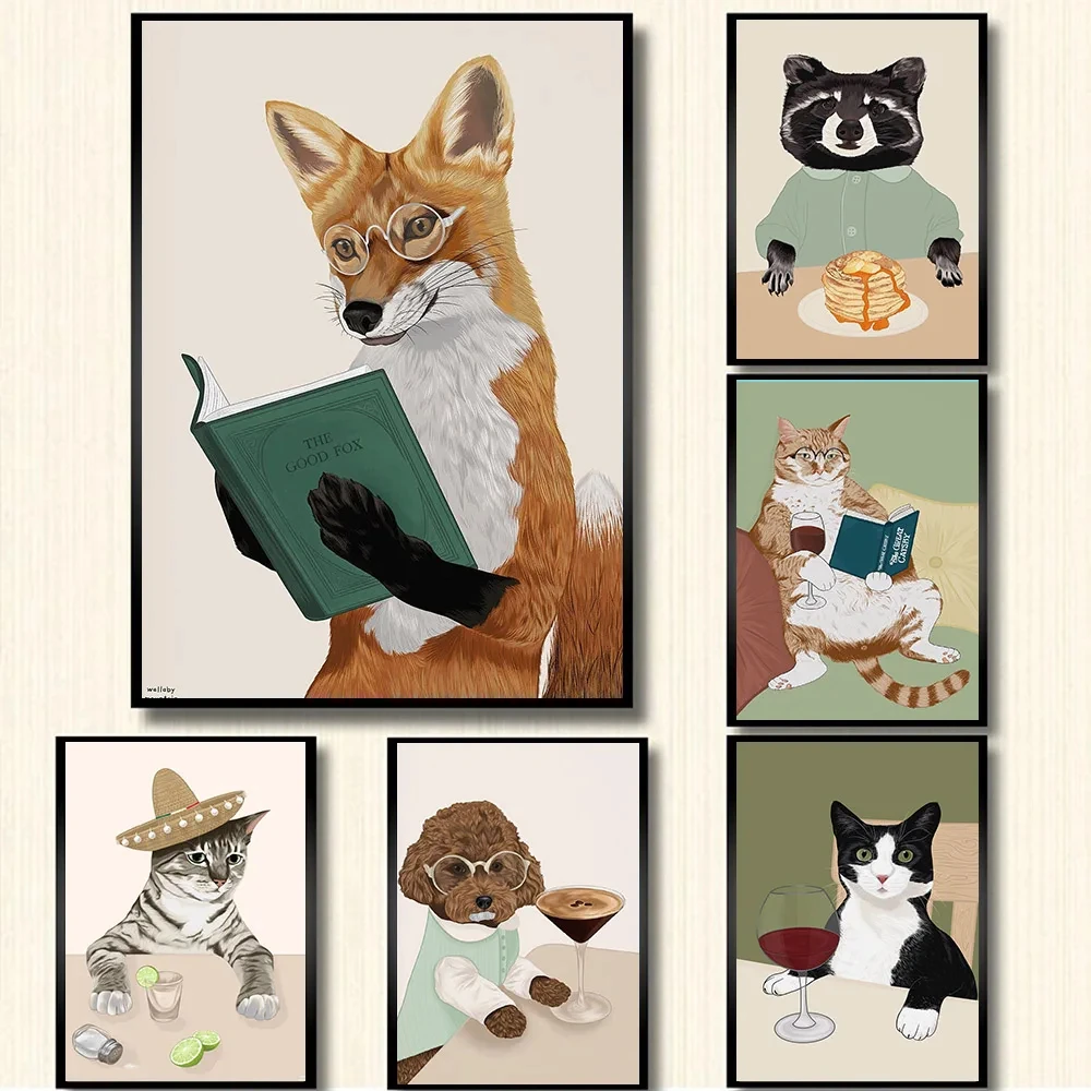 

Canvas Painting Funny Animal Posters and Prints Abstract Dog Fox Cat Wine Wall Pictures for Kids Living Room Cuadros Home Decor