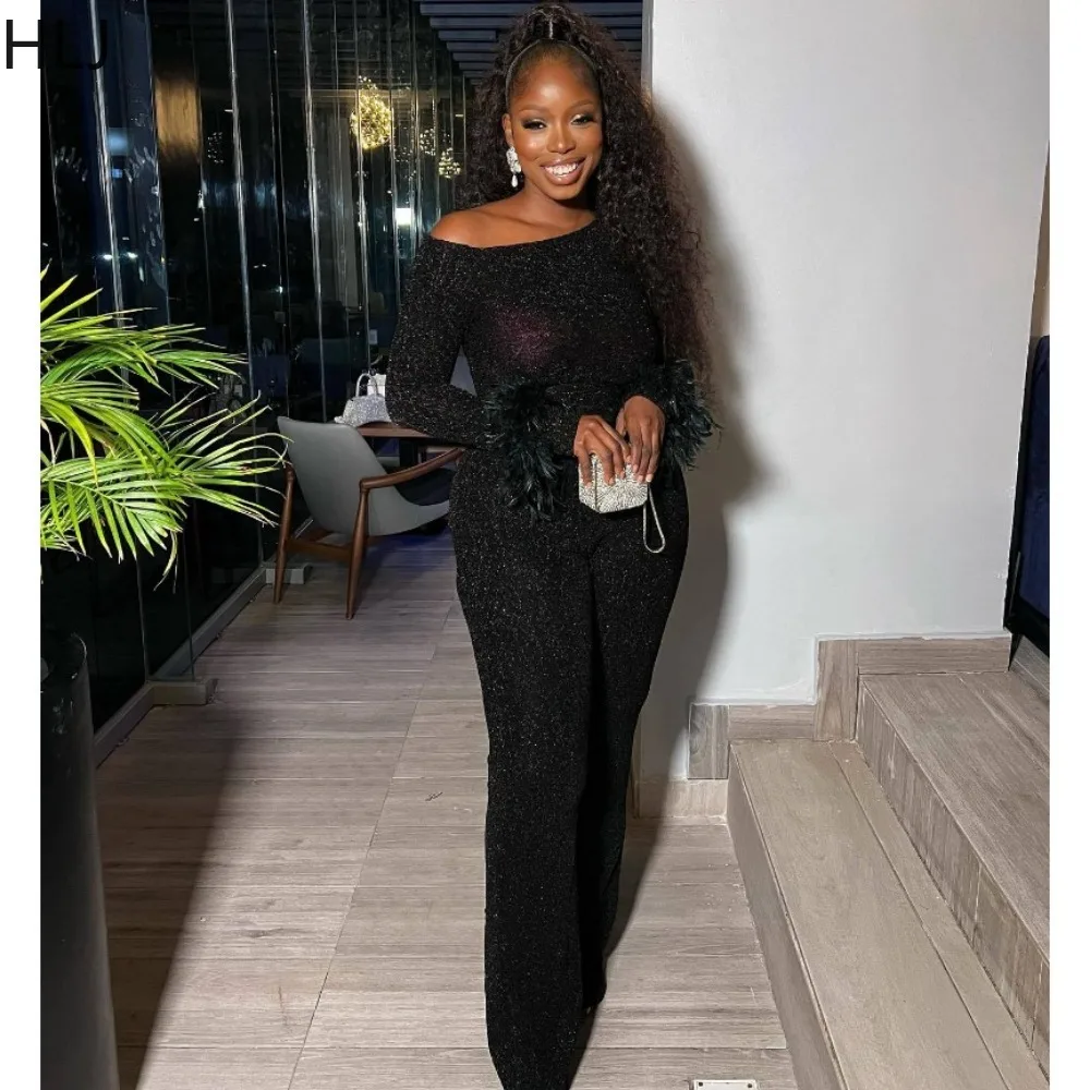 HLJ Fashion One Shoulder Sparkling Feather Jumpsuits Women Long Sleeve Slim Straight Pants Playsuits Sexy Party Club Overalls