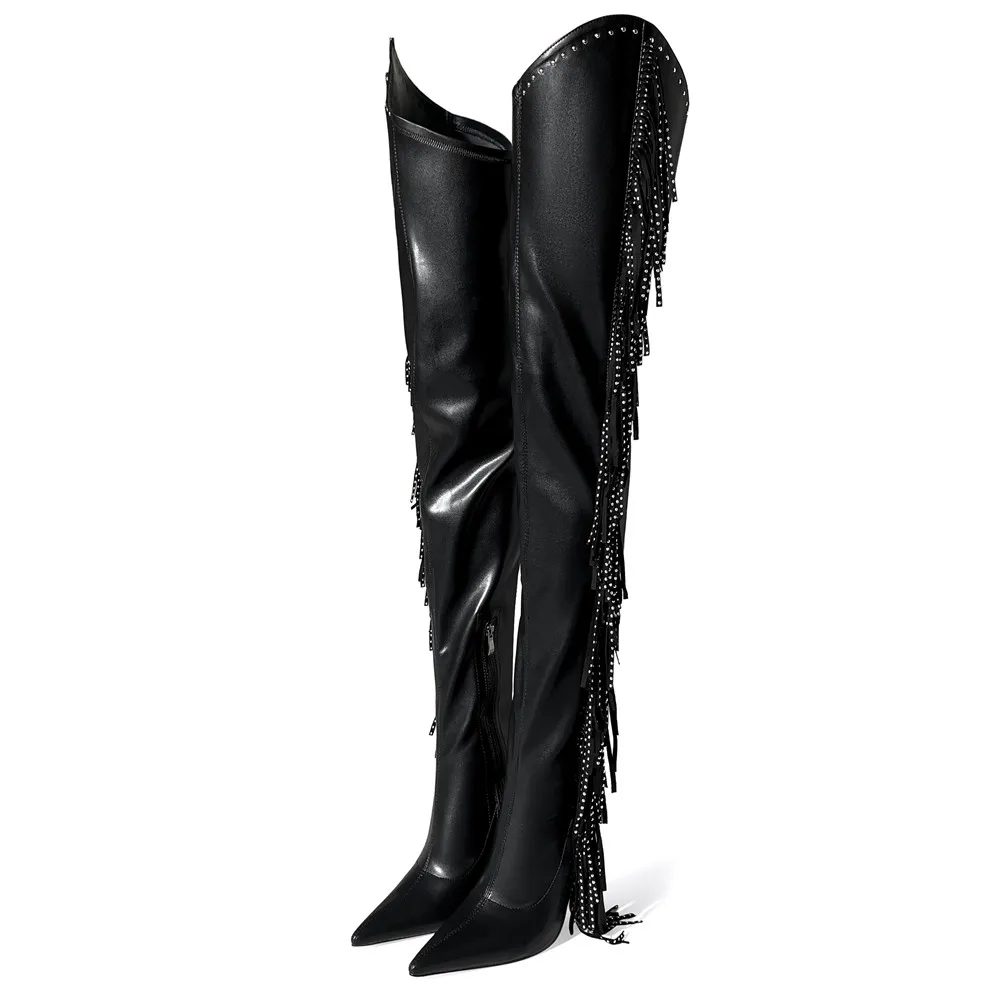 

Europe America Women Fringe Crystal Long Boots Sexy Ladies Stiletto Pointed Toe High Heels Shoes for Woman's Over-The-Knee Botas