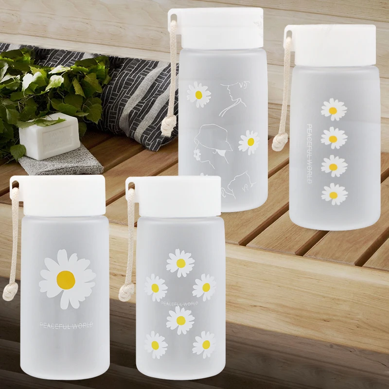 Cute Water Bottles Aesthetic Cute Water Bottles for Women Portable Kawaii  Little Daisy Frosted Glass Water Bottle with Straw Lid