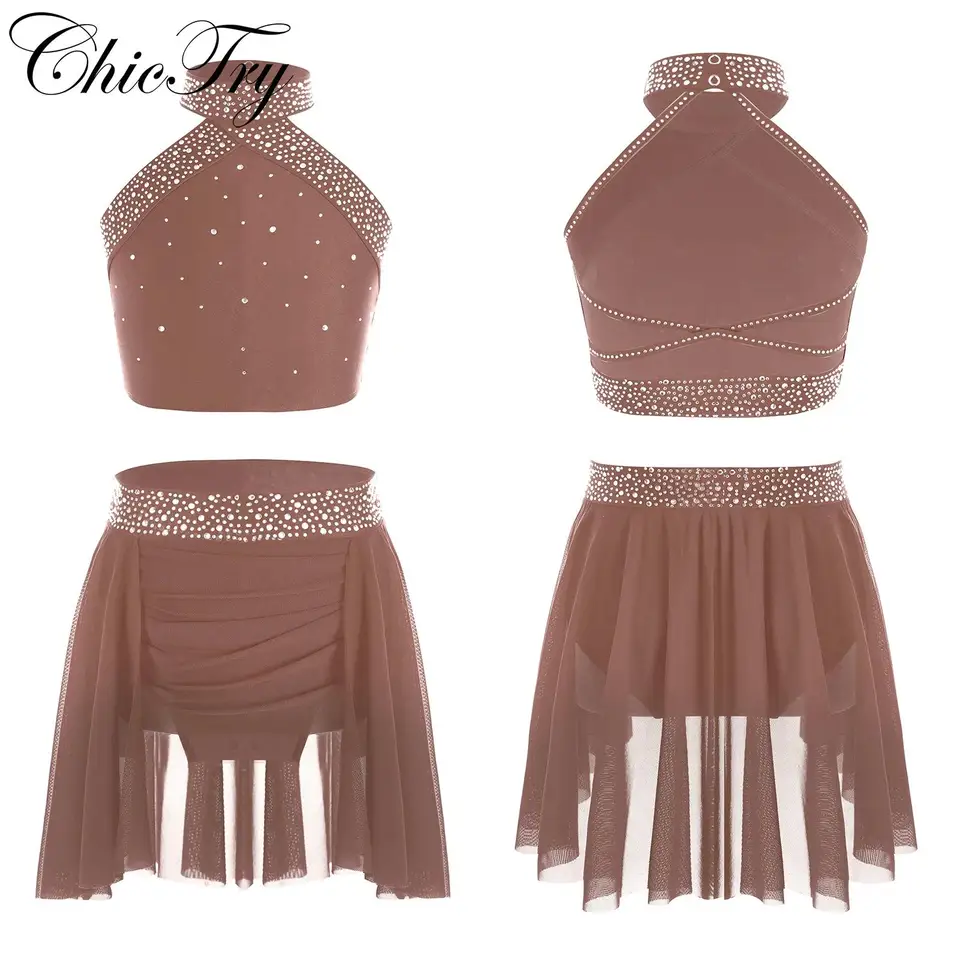 Tenue De Danse Lyrique Pour Fille - Haut Court à Bretelles Strass + Jupe Asymétrique, Tailles 6-16 Ans