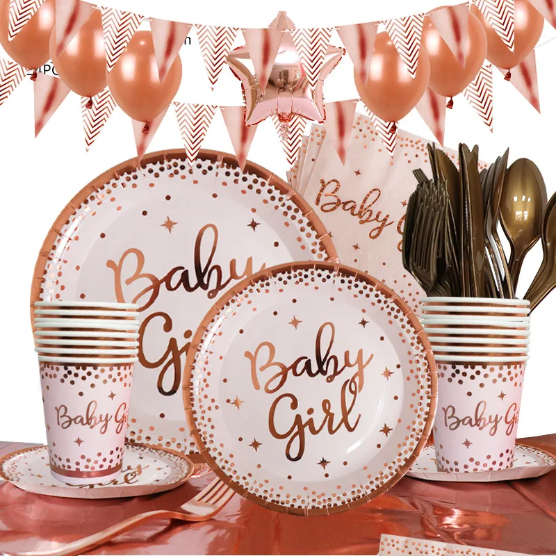 RoseGoldDisposableTablewaresforBabyShowerBabyGirlPaperPlatesKnifeSpoonForksbaby