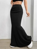 Solid Bodycon Ruched Long Skirt Women Sexy Black Elastic Elegant High Waist Mermaid Maxi Skirts Summer Streetwear - Image 4