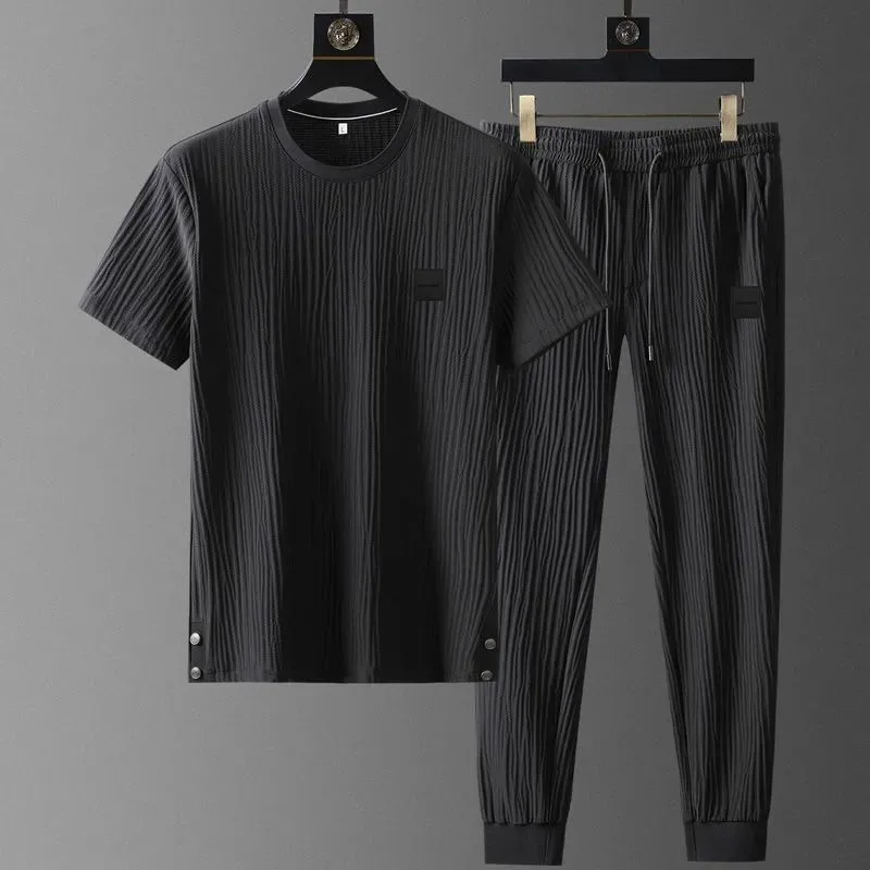 New Summer Ice Silk Casual Sports Suit Men's Pleated Thin t shirt + Pants Two Piece Set Men's High Quality Breathable Tracksuit 2