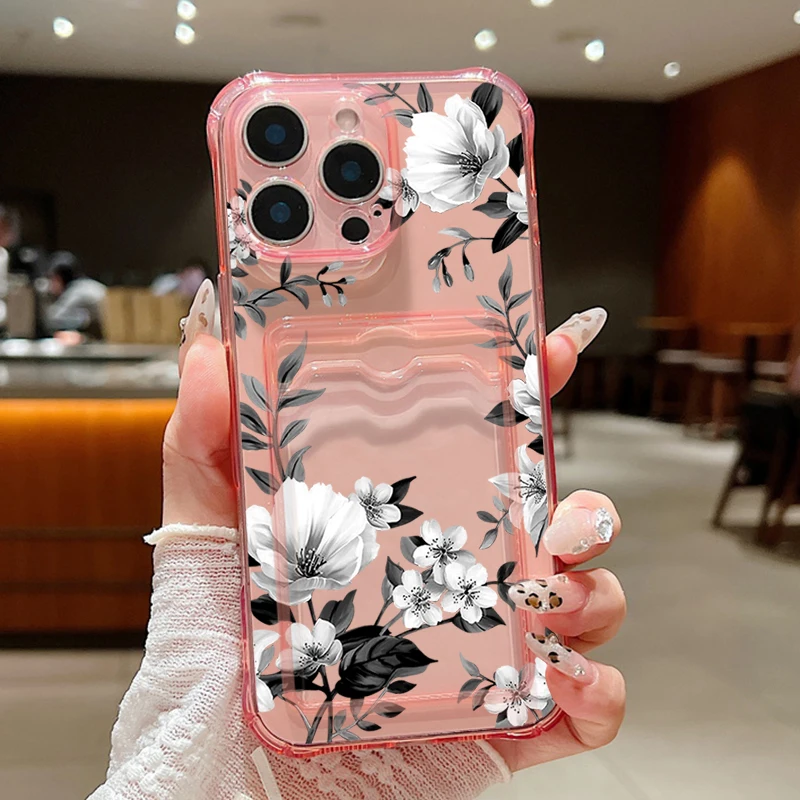 Floral Shockproof Silicone Phone Case with Card Slot Pocket