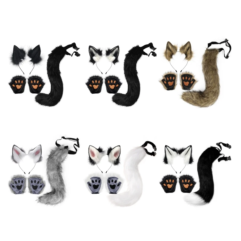 Set Accessori Per Costumi Volpe: Fascia Per Orecchie Gatto, Coda, Guanti, Costumi Cosplay Volpe Halloween
