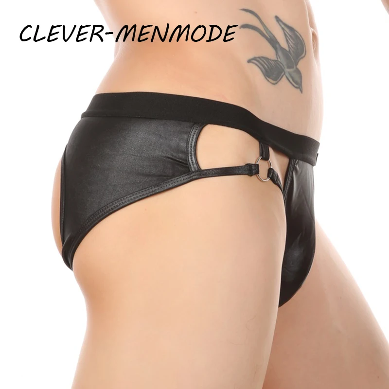 Men's Sexy PU Underwear Faux Leather Briefs U Convex Thong Bulge Penis Pouch Backless Bikini Open Butt Jockstrap Fetish Lingerie