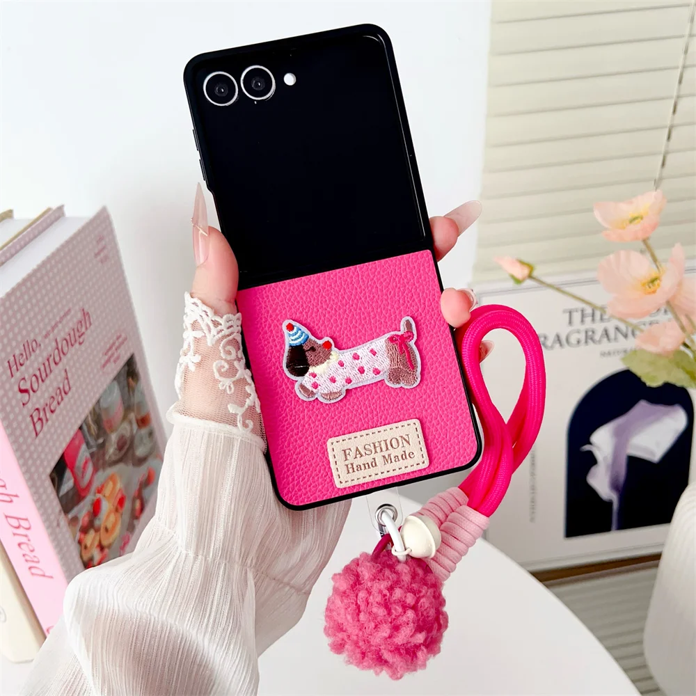 Cartoon Sausage Dog Leather Phone Case with Plush Lanyard – Shockproof Soft Frame Cover