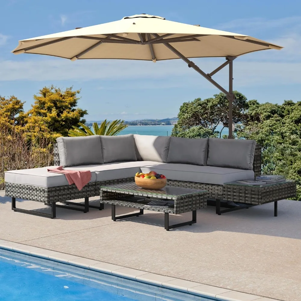 

PE Rattan Sectional L-Shaped Sofa with Coffee Table for Poolside Porch Furniture 4 Pieces Patio Furniture Set Freight Free