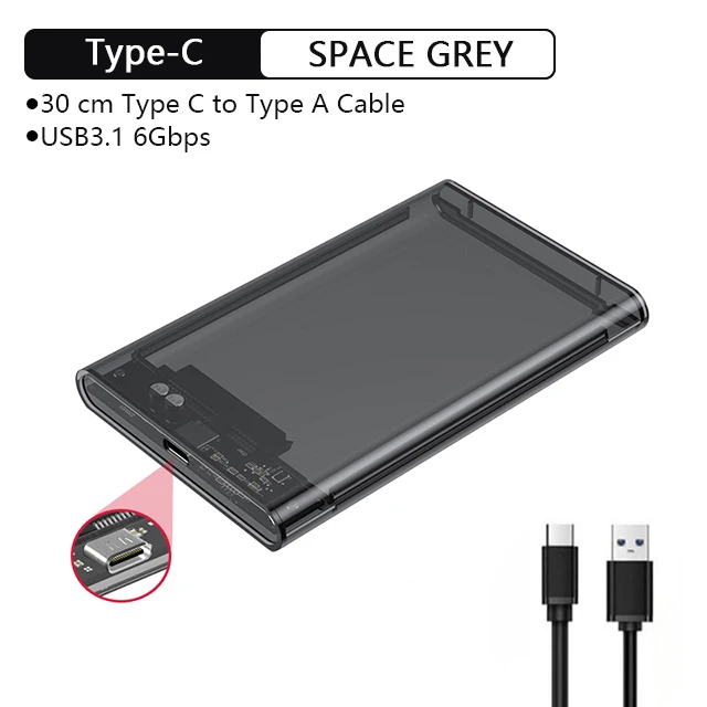 Transparent Type-C HDD Enclosure with USB 3.1 for 2.5 SSDs and Hard Drives