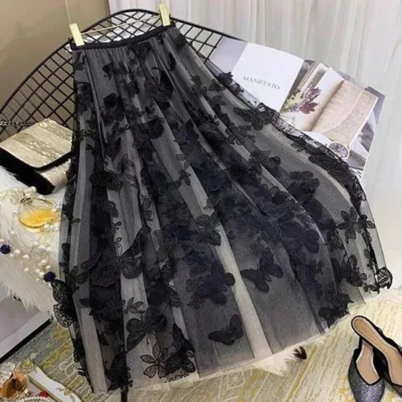 

Butterfly Embroidery Mesh Skirt Half Skirt for Women Spring/Summer New Mid Length Loose Fashion Pleats A-line Fairy Skirt M135