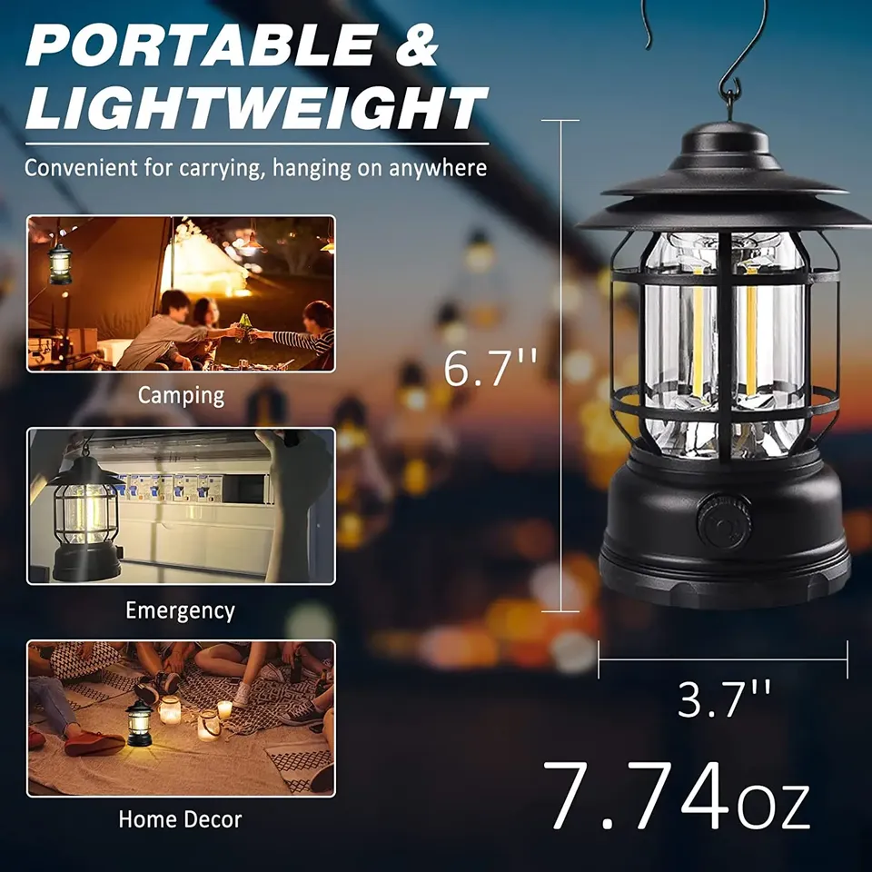  Rechargeable Camping Lantern Stepless Dimming COB Portable Waterproof for Hiking Fishing Emergency Home Power Outages Indoor Out 
