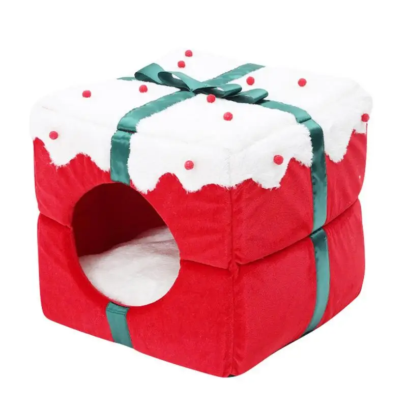 

Christmas Cat House Pet Beds For Indoor Cats 2-In-1 Removable Cat House Cat Bed Cave Kitten House Christmas Gift Box Cat