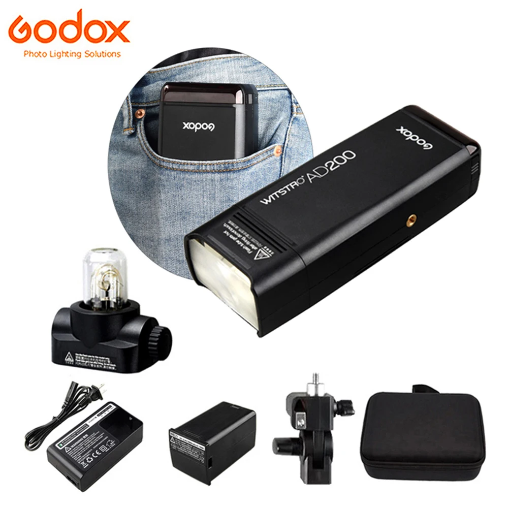 

Godox AD200 200Ws 2.4G TTL Pocket Speedlite Flash 1/8000 HSS Strobe Dual Light Head GN52/GN60+ 2900mAh Li-ion Battery +Carry Bag