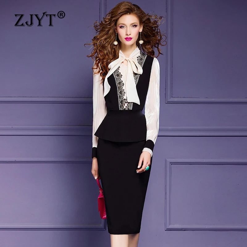 

ZJYT Elegant Bow Collar Black Pencil Dresses for Women Office Lady Work Wear Plus Size Long Sleeve Spring Dress Party Vestidos