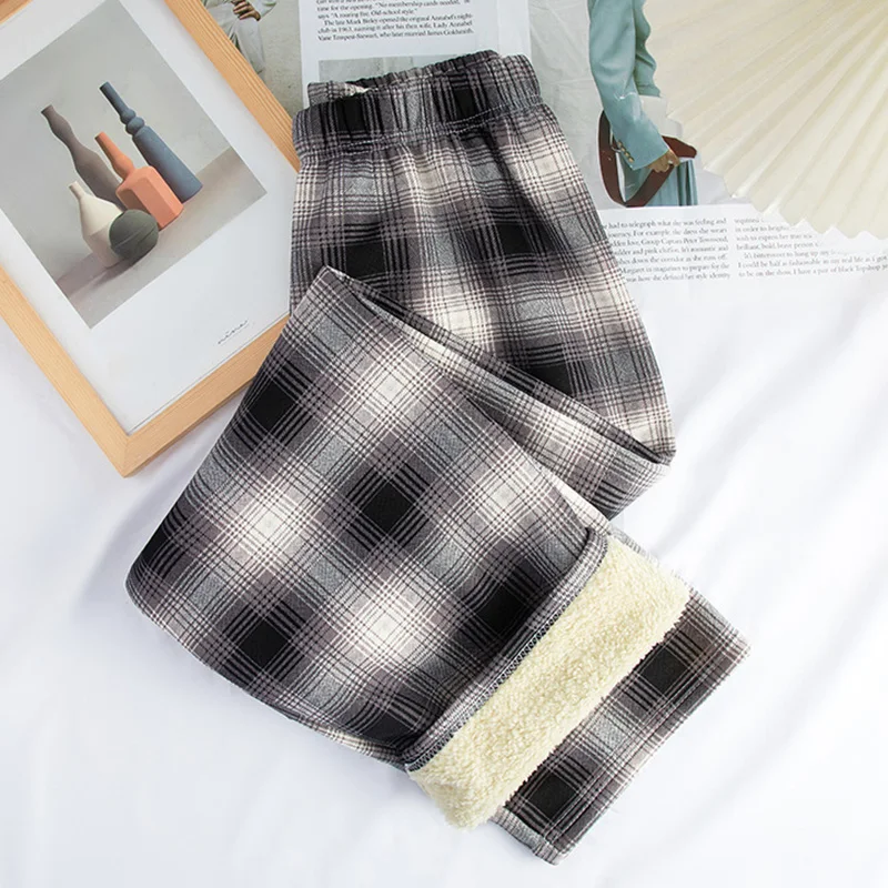 Women Fleece Inside Plaid Pants Autumn Winter Female Elastic Waist Stright Long Wide leg pants Casual Female Pants Trousers
