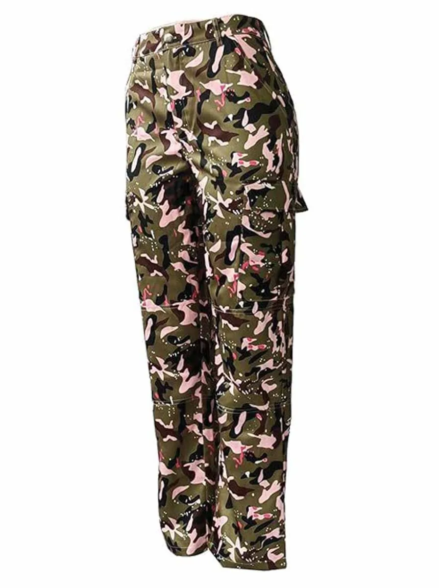 LW Autumn & Winter Women Cargo Trousers Streetwear Pink Camouflage High Waist Side Pocket Design Long Fashion Pants XS-3XL