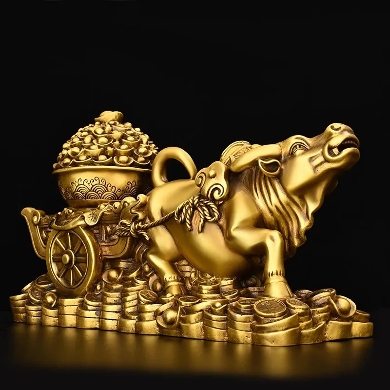 Pure Copper Ox Pulling Treasure Pot Statue Wealth Golden Ox with Cart Full of Gold Ingots, Chinese Zodiac Lucky Animal CraftGift
