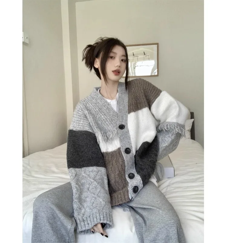 

New Arrival Vintage Lazy Style V-neck Fringe Knitted Cardigan Coat Women's Autumn/Winter Korean Fashion Top Sweet Sweater X048