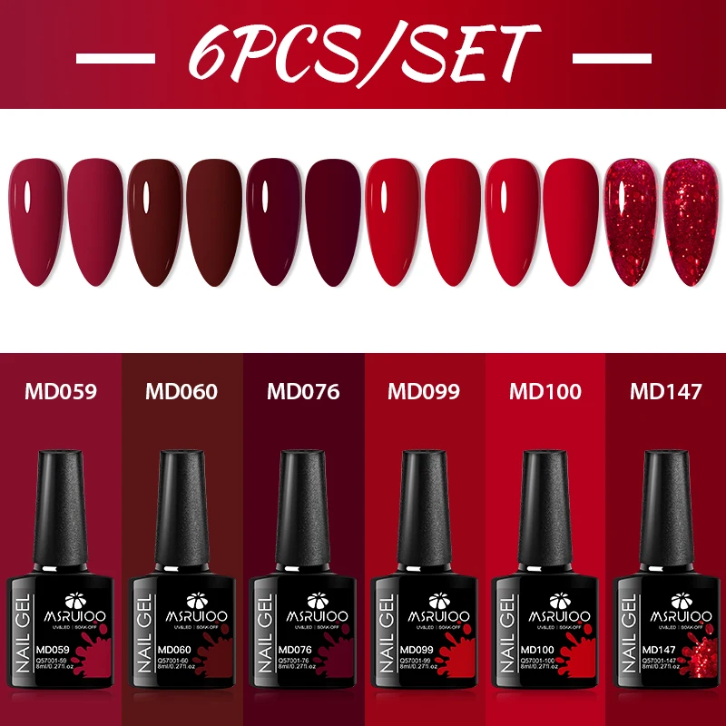 6-teiliges rotes Gel-Nagellack-Set für Weihnachtsnägel HEMA TPO FREE Coffee Brown Semi Permanent Soak Off UV Gel Lack Nagelzubehör