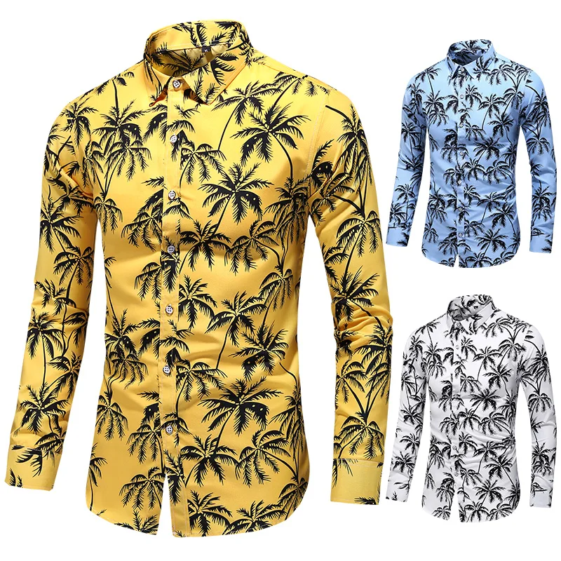 

6XL 7XL Shirt Men New Fashion Personality Print Long Sleeve Shirts Mens Casual Plus Size Flower Beach Hawaiian Shirt