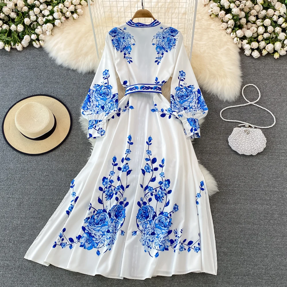 knee length dresses for ladies Carolyn Floral Print Maxi Dress Blue/White | Wedding Guest Dress