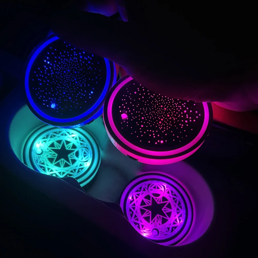 2PCS 7 Colors Car LED Luminous Water Cup Pad Auto Cup Bottle Holder Coaster Anti-slip Pad Mats Interior Atmosphere Light Decor Cup Holder Coasters Car Coaster Pads