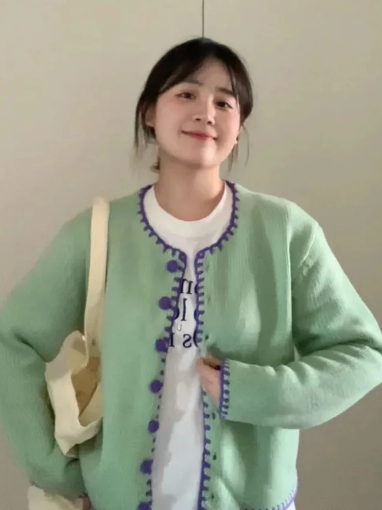 O넥 긴팔 패널 가디건, 루즈한 한국 스타일, 미니멀리스트 오피스 레이디, 데일리 용수철, 고급스러운 스타일리시 인스타 감성 패션, 가을